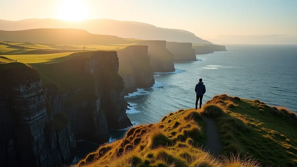 Senior hiker pausing on mountain ridge to enjoy panoramic coastal view