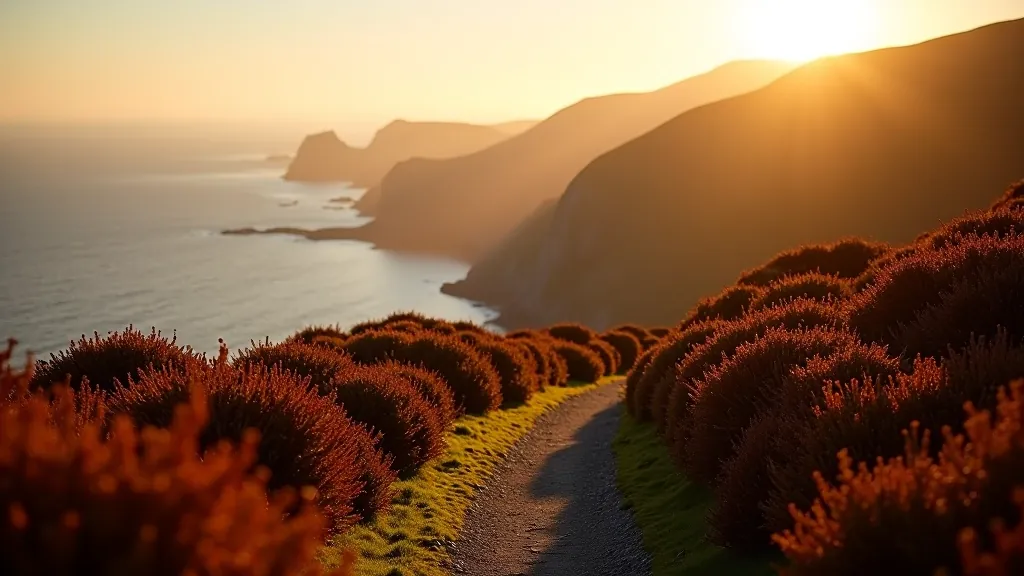 Autumn landscape with golden light, colorful foliage, and a coastal hiking path with ocean backdrop