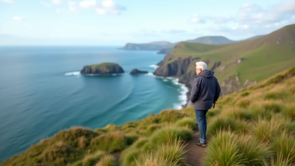 Donegal coastal landscape during different seasons, clear sunny day, moody dramatic sky, scenic Irish weather, sea cliffs visible