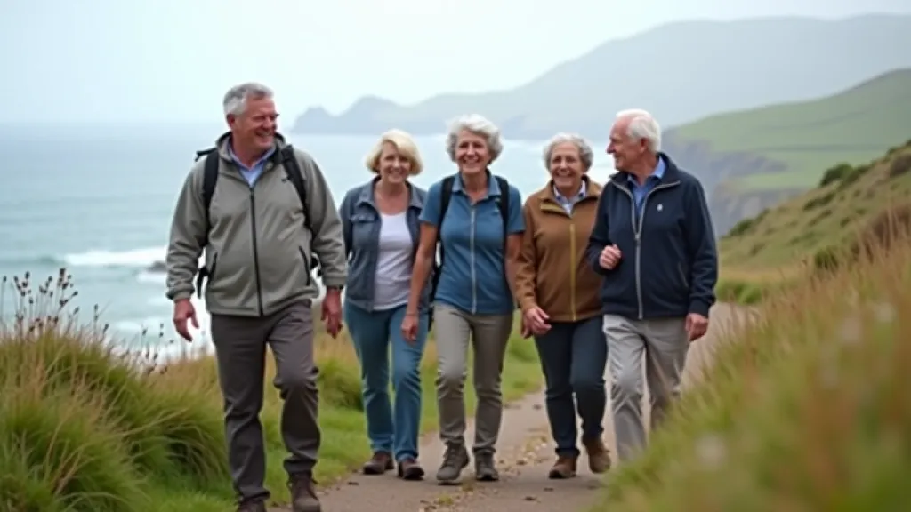 Group of hikers walking together on coastal path with ocean view, enjoying outdoor activity