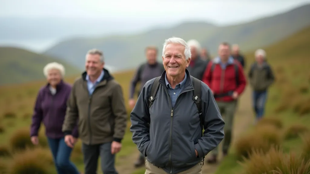 Group of seniors enjoying a walking group hike outdoors together