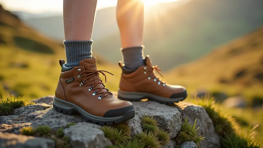 Hiking boots and moisture-wicking socks displayed on ground