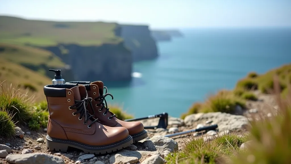 Close-up of hiking boots and walking poles on rocky coastal terrain