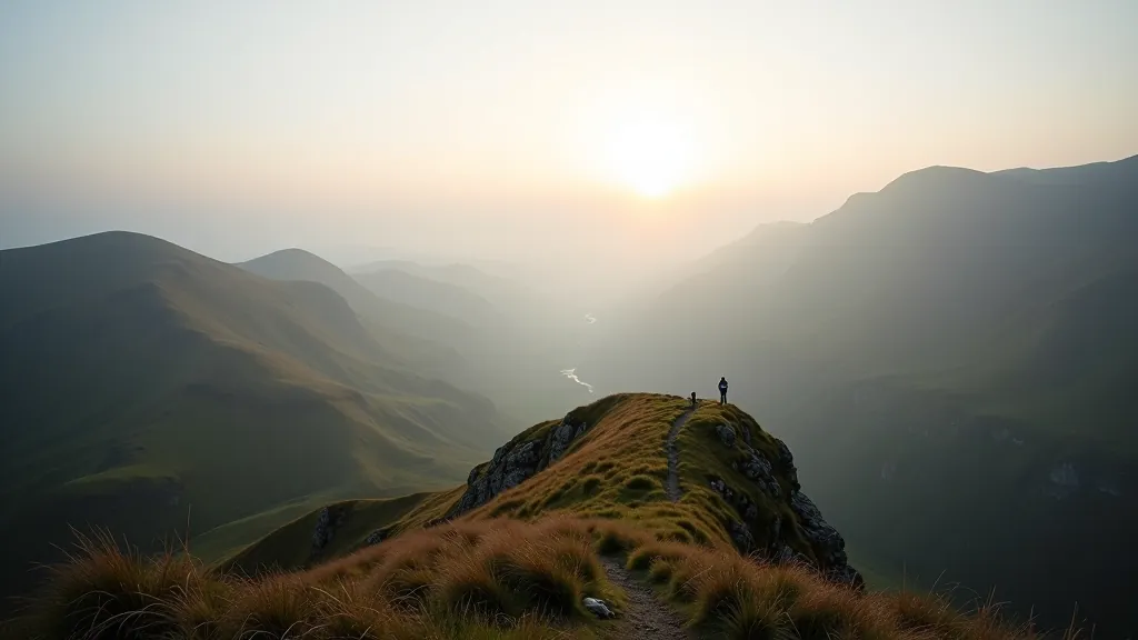 Misty morning view from mountain viewpoint overlooking valleys and coastal terrain
