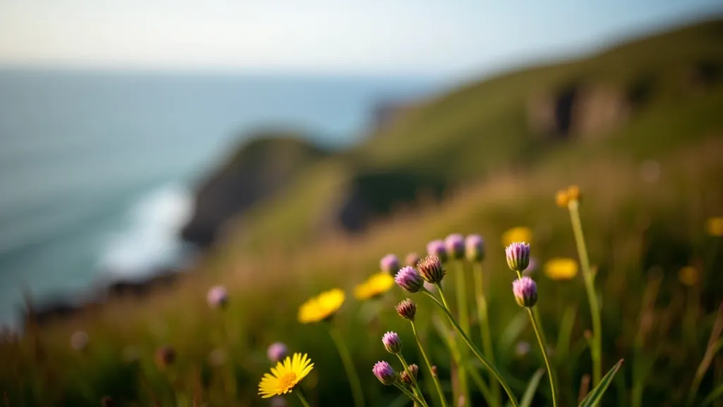 Close-up of wildflowers and coastal grass on hiking trail during spring season