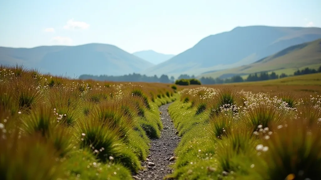 Hiking trail path winding through green moorland with mountain backdrop