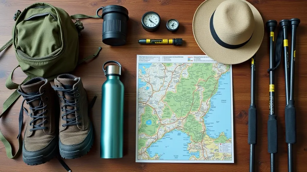 Essential hiking equipment laid out including proper boots, water bottle, and safety gear
