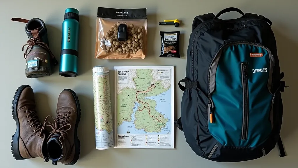 Organized flat lay of hiking gear, hiking boots, water bottle, jacket, map, backpack arranged neatly, outdoor equipment photography